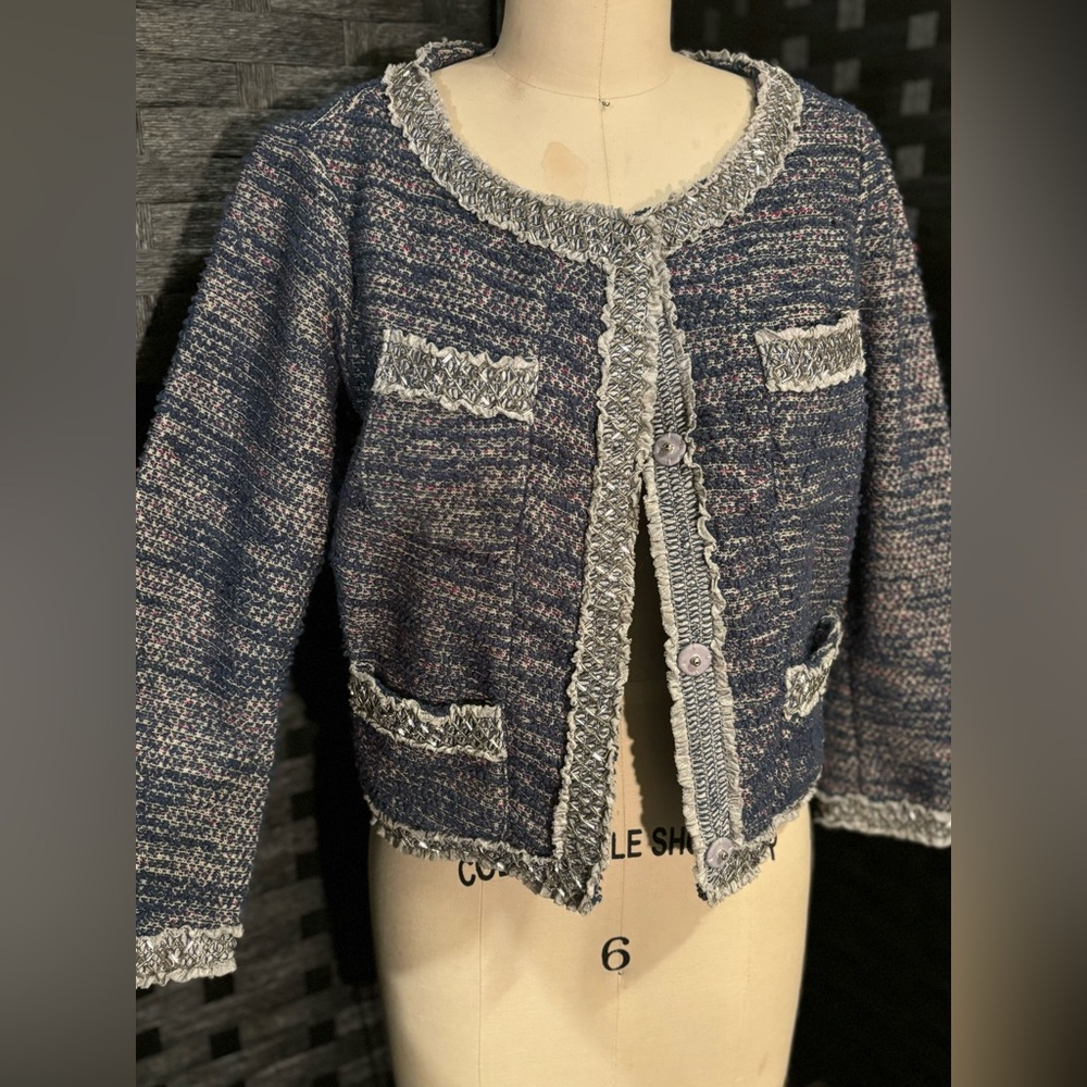 Anthropologie ISANI Tweed Distressed Cardigan Sweater Jacket Small